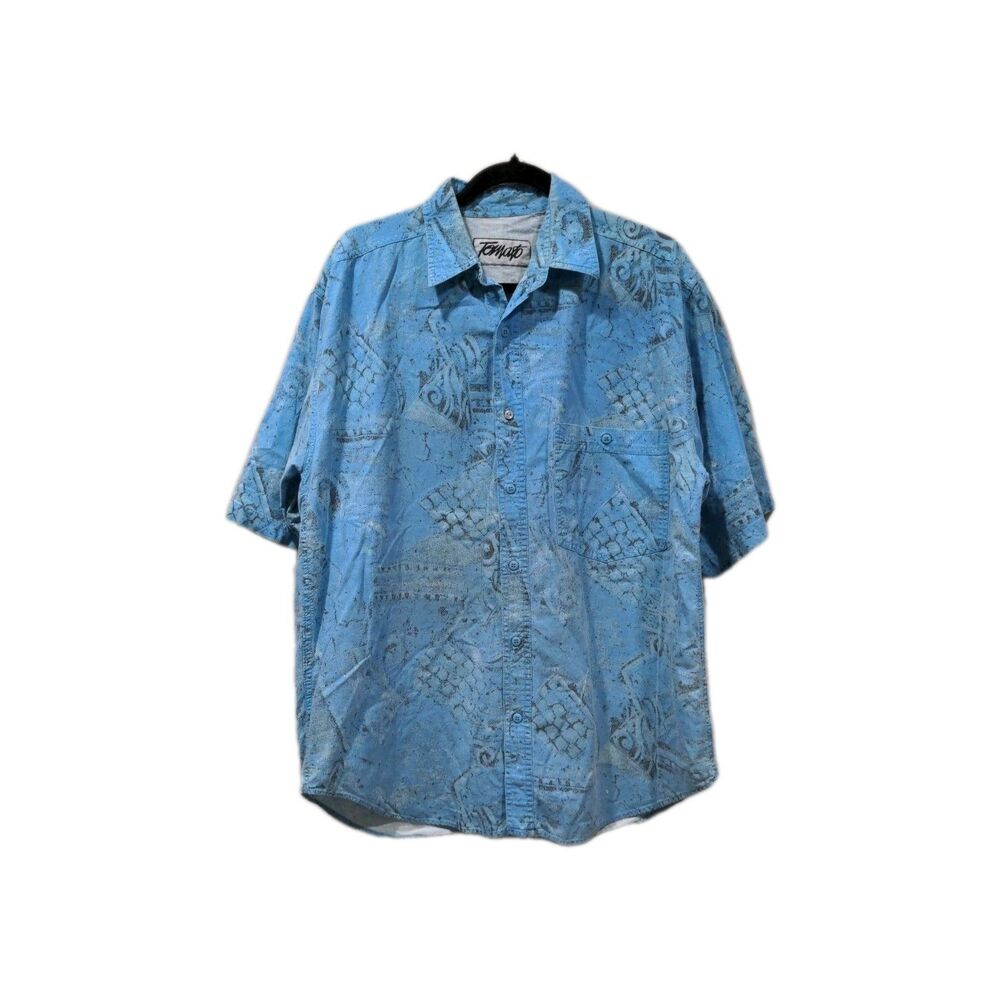 Vintage Tomato Mens Graphic Button Up SS Shirt Size L Blue Abstract Art 80s 90s